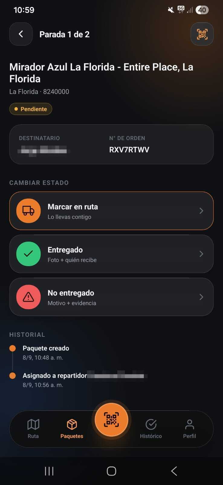 Detalle de una parada en la app de Rutix: datos del envío, botones para marcar en ruta, entregado o no entregado, e historial del paquete