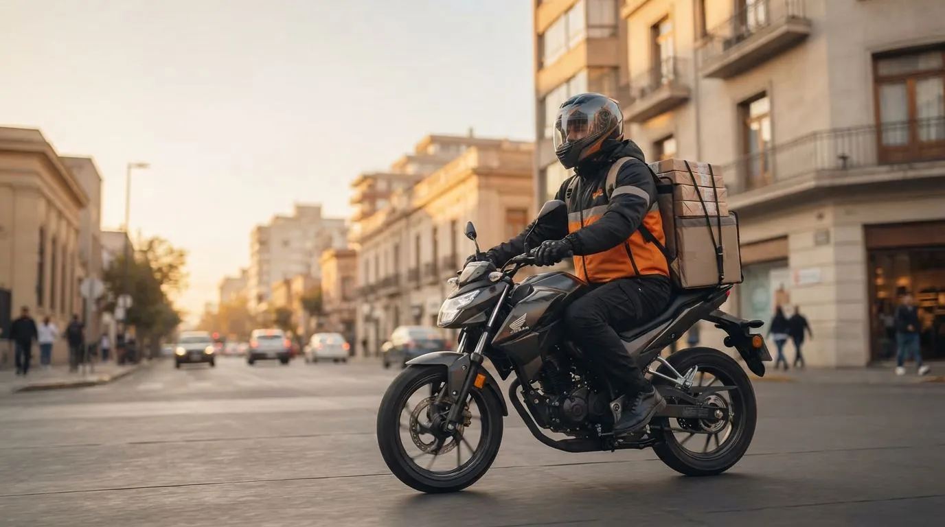 Repartidor de Rutix en moto entregando paquetes en una calle urbana